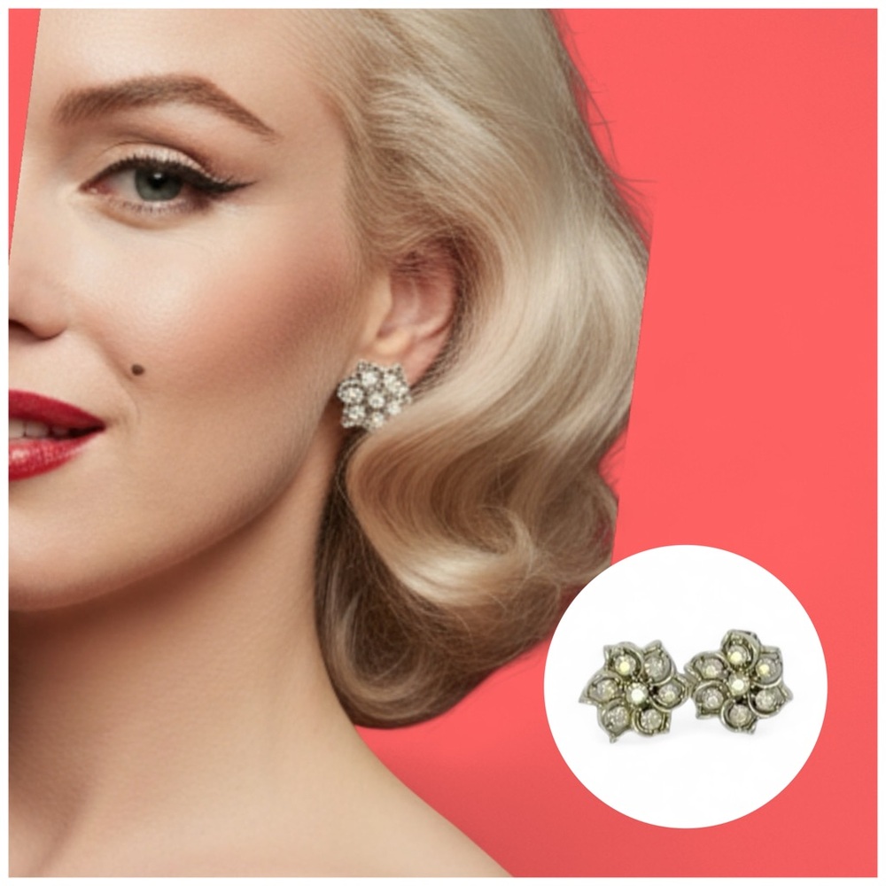Vintage Silver-Tone Clip-On Flower Earrings With Clear Rhinestone Accents